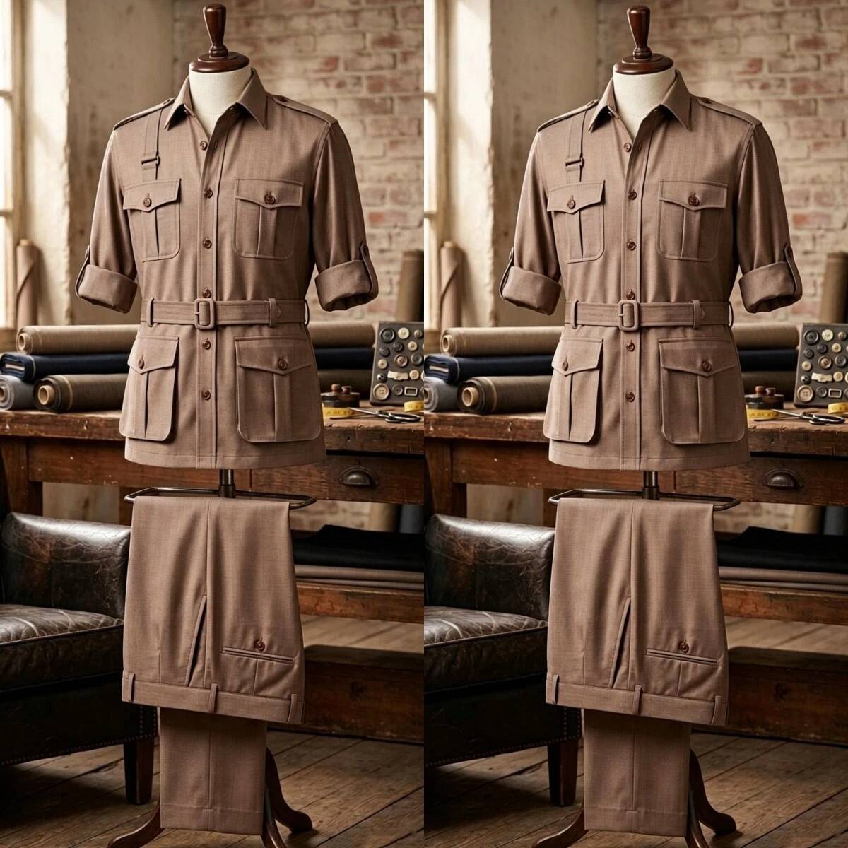 카키색 2피스 남성 사파리 수트 빈티지 헌팅 재킷 벨트 - Safari Outdoor Hunting Jackets 리뷰 및 가격
